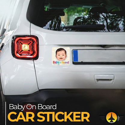Car sticker with a baby's face on the back of a white car, featuring the Baby On Board Sticker – Baby Face With Clouds Design