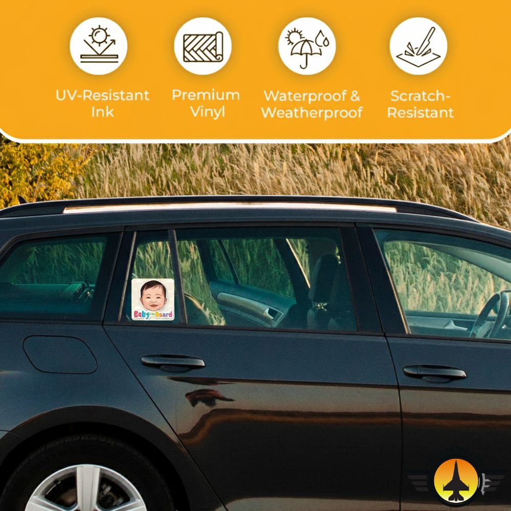 Car with a window decal featuring a Baby On Board Sticker – Baby Face With Clouds Design, set against a scenic background with 'UV-Resistant Ink' and other features listed.