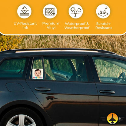 Car with a window decal featuring a Baby On Board Sticker – Baby Face With Clouds Design, set against a scenic background with 'UV-Resistant Ink' and other features listed.