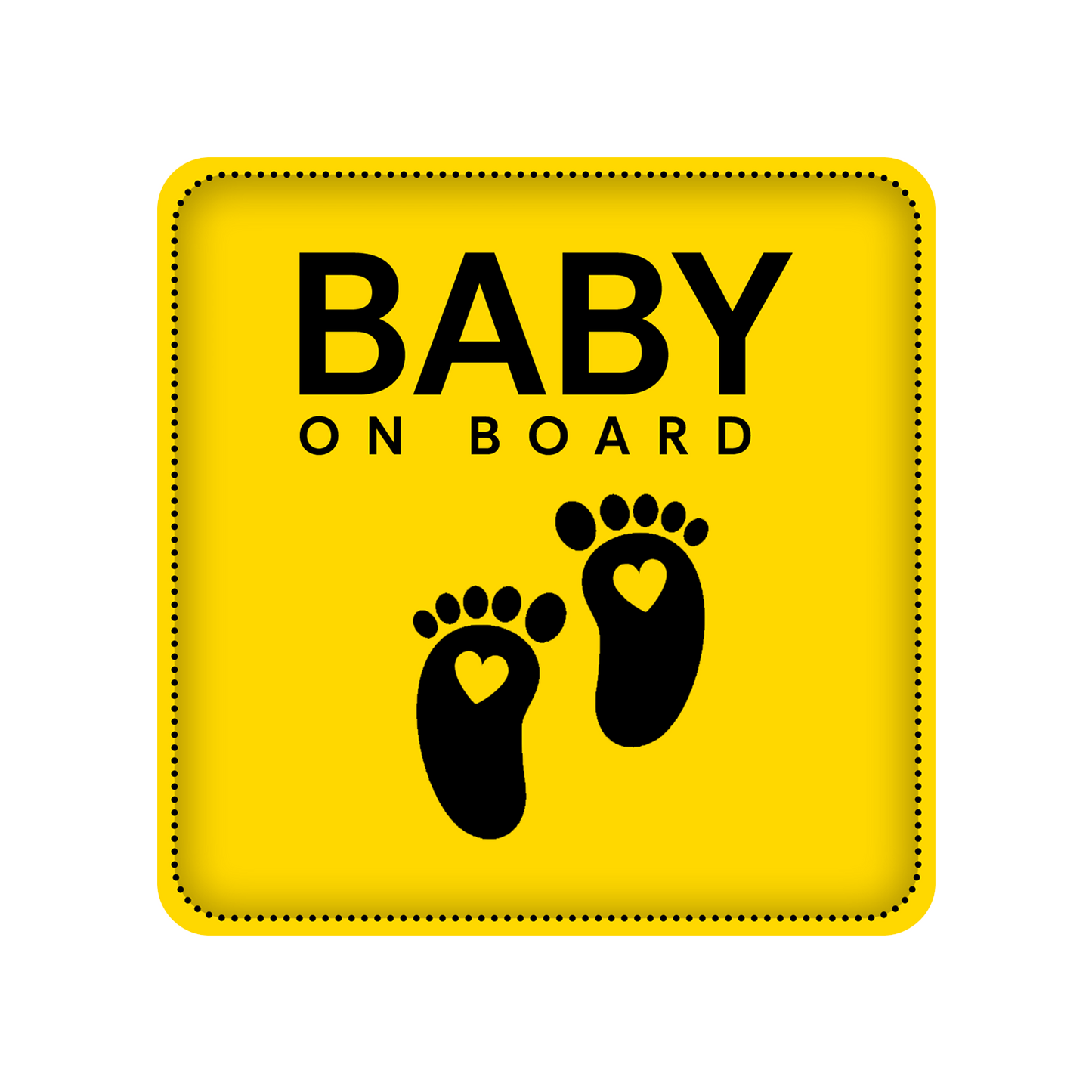 Yellow sign with Baby On Board Sticker – Baby Footprint Design text and footprints on a white background