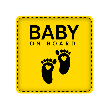 Yellow sign with Baby On Board Sticker – Baby Footprint Design text and footprints on a white background