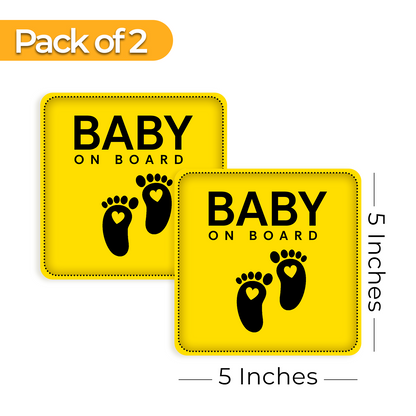 Two yellow 'Baby on Board stickers' signs with black text and footprints on a white background.