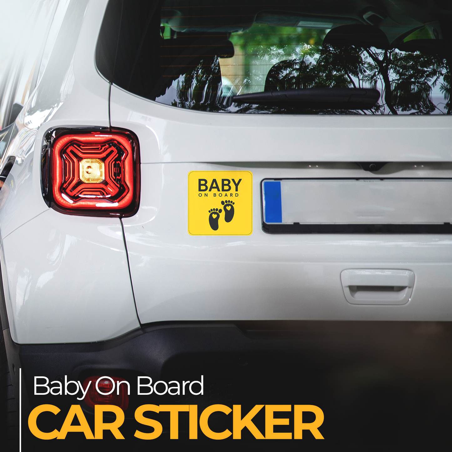Car sticker with 'Baby on Board' text and footprints on a white car's rear window.