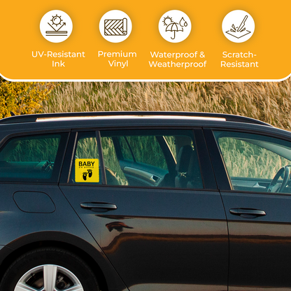 Car window with a Baby On Board Sticker – Baby Footprint Design decal and features listed above on a yellow background.