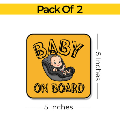 Pack of 2 Baby On Board Sticker – Baby On Car Seat Design with a car seat graphic and dimensions on a yellow background.