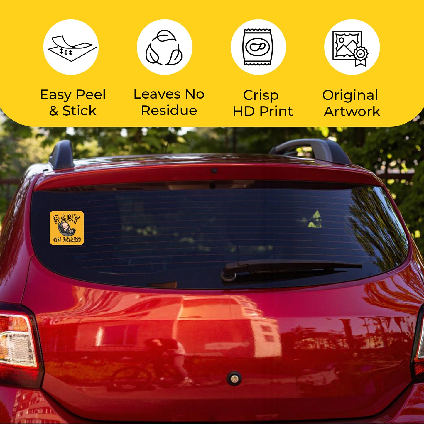 Red car with a Baby On Board Sticker – Baby On Car Seat Design on the rear window, featuring product features on a yellow background.