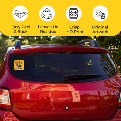 Red car with a Baby On Board Sticker – Baby On Car Seat Design on the rear window, featuring product features on a yellow background.