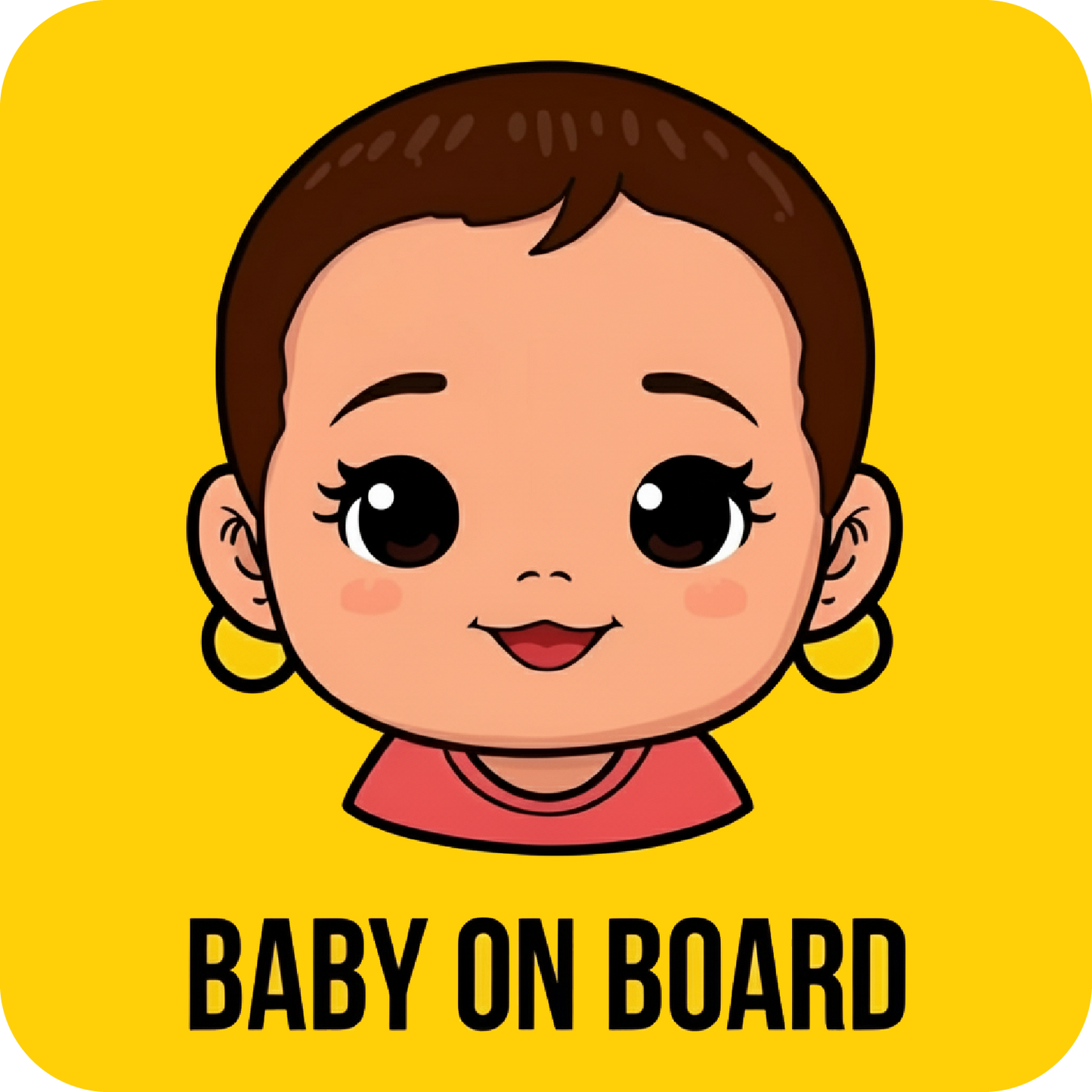 Bold Cartoon baby face with 'Baby on Board' text on a yellow background