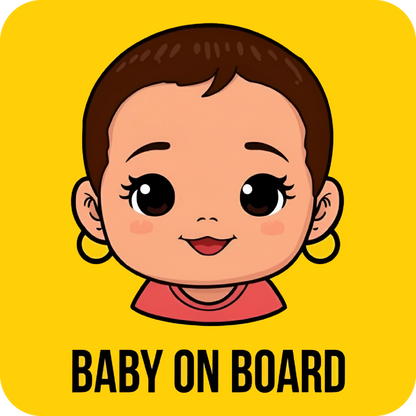 Bold Cartoon baby face with 'Baby on Board' text on a yellow background