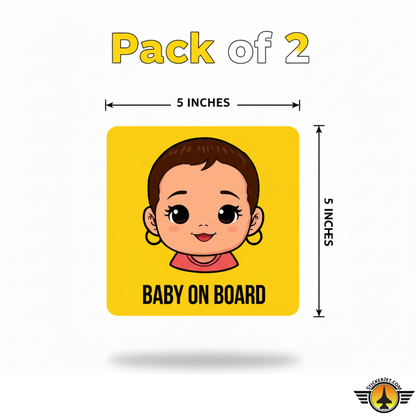 Yellow 'Baby on Board' sign with bold cartoon baby face and dimensions on a white background and pack of 2 with size dimensions