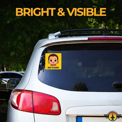 Car with a 'Baby on Board' sticker Baby On Board Sticker – Bold Cartoon Design on the rear window, with text 'BRIGHT & VISIBLE' above.