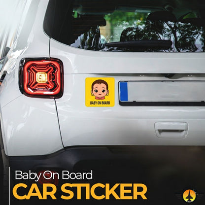Car sticker with a child's face on a white car, featuring Baby On Board Sticker – Bold Cartoon Design