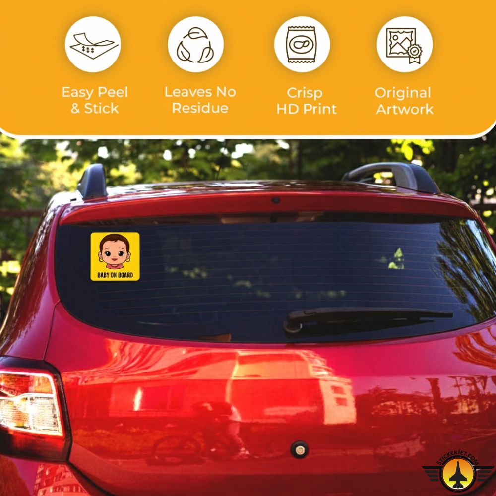 Car window with a sticker on a yellow background with product Baby On Board Sticker – Bold Cartoon Design features.