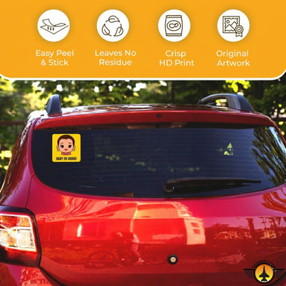 Car window with a sticker on a yellow background with product Baby On Board Sticker – Bold Cartoon Design features.