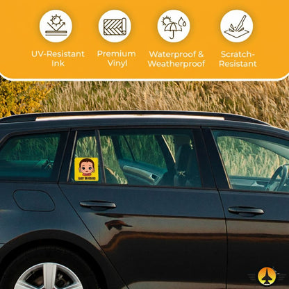 Car with a window decal on a yellow background with product features listed of Baby On Board Sticker – Bold Cartoon Design