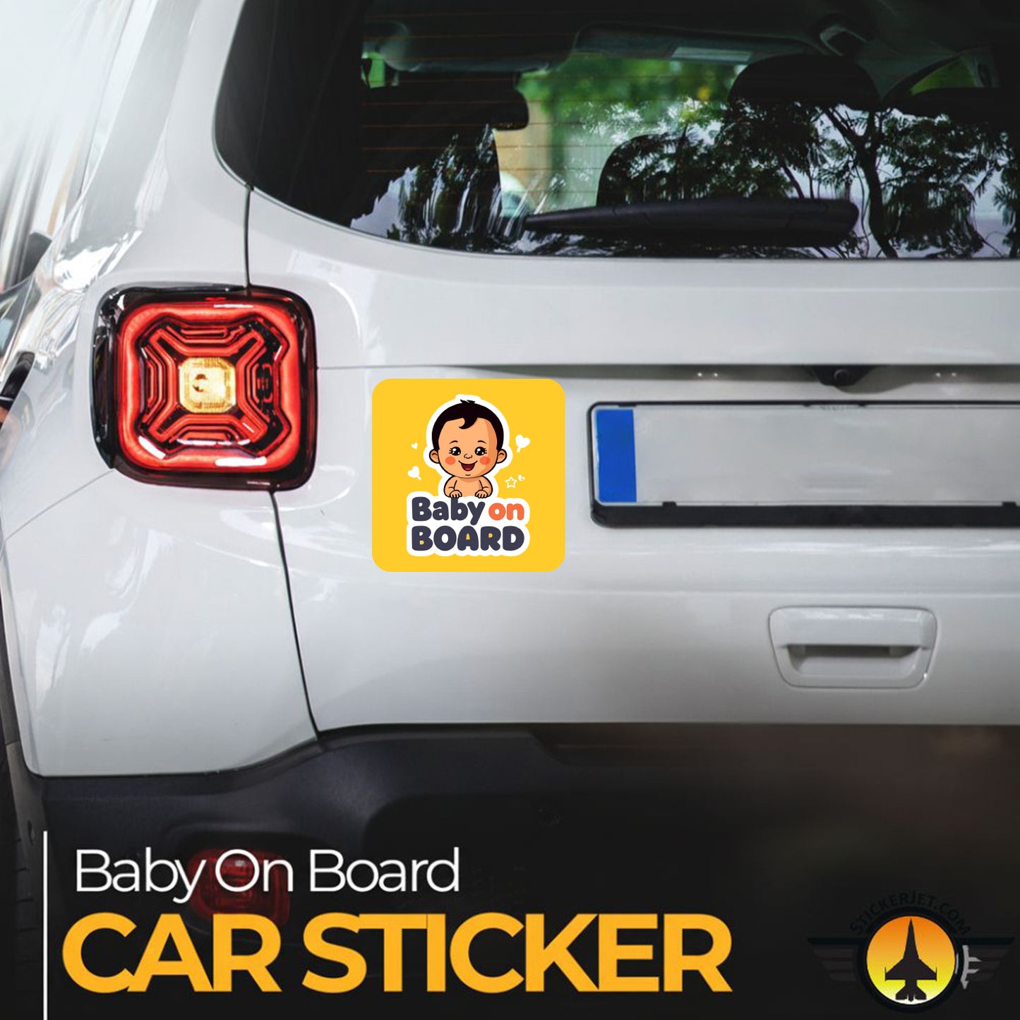 Car sticker with Baby On Board Sticker – Cartoon Baby Design illustration on a car's rear window.