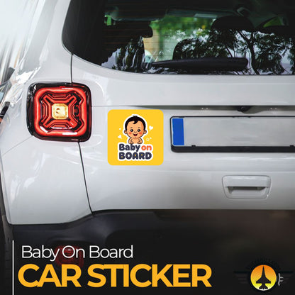 Car sticker with Baby On Board Sticker – Cartoon Baby Design illustration on a car's rear window.