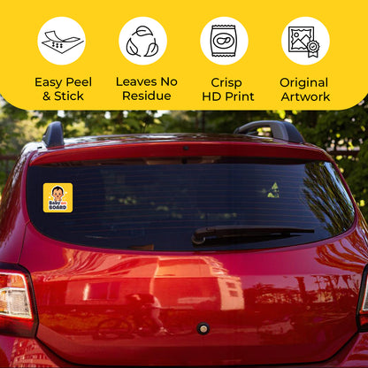Car window with Baby On Board Sticker – Cartoon Baby Design and promotional text about decal features on a yellow background.