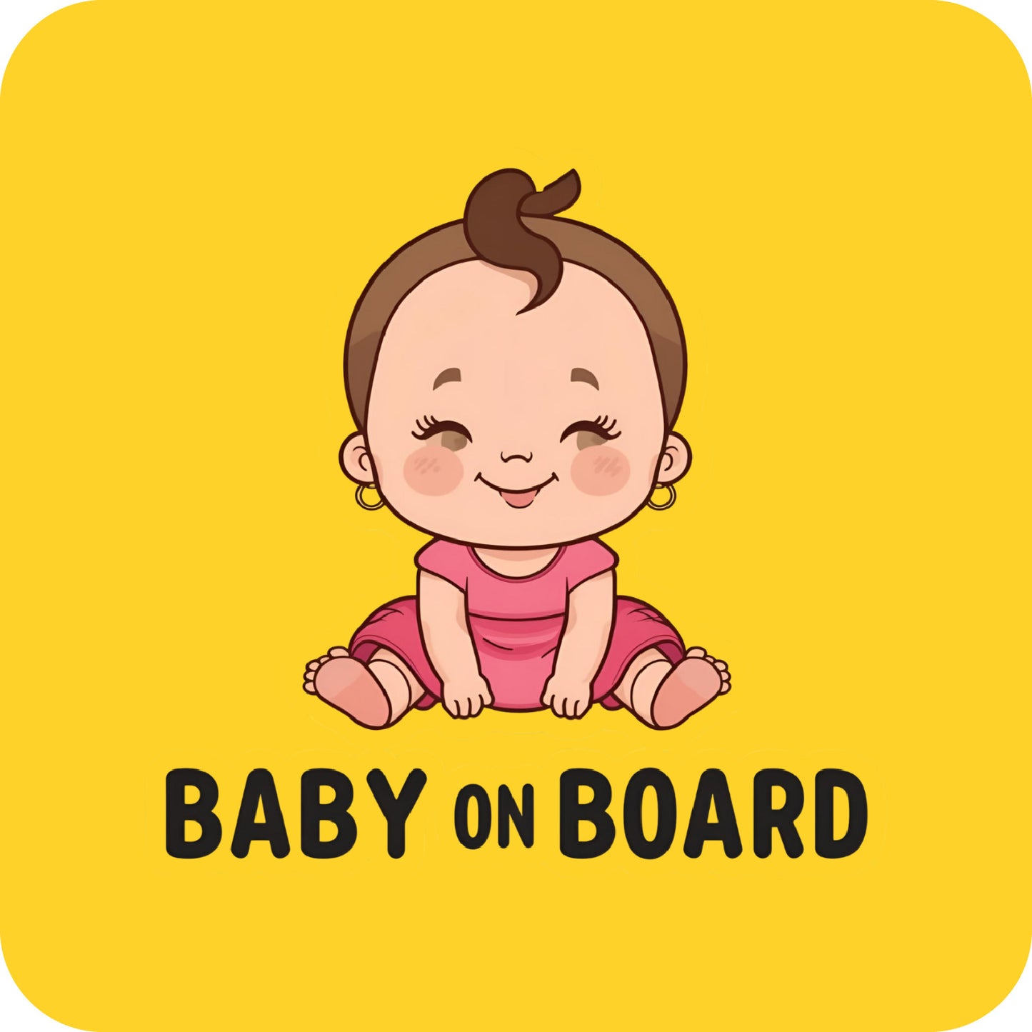 Baby On Board Sticker – Cartoon Baby Girl Design in a pink outfit with 'Baby on Board' text on a yellow background