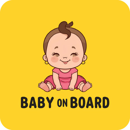 Baby On Board Sticker – Cartoon Baby Girl Design in a pink outfit with 'Baby on Board' text on a yellow background