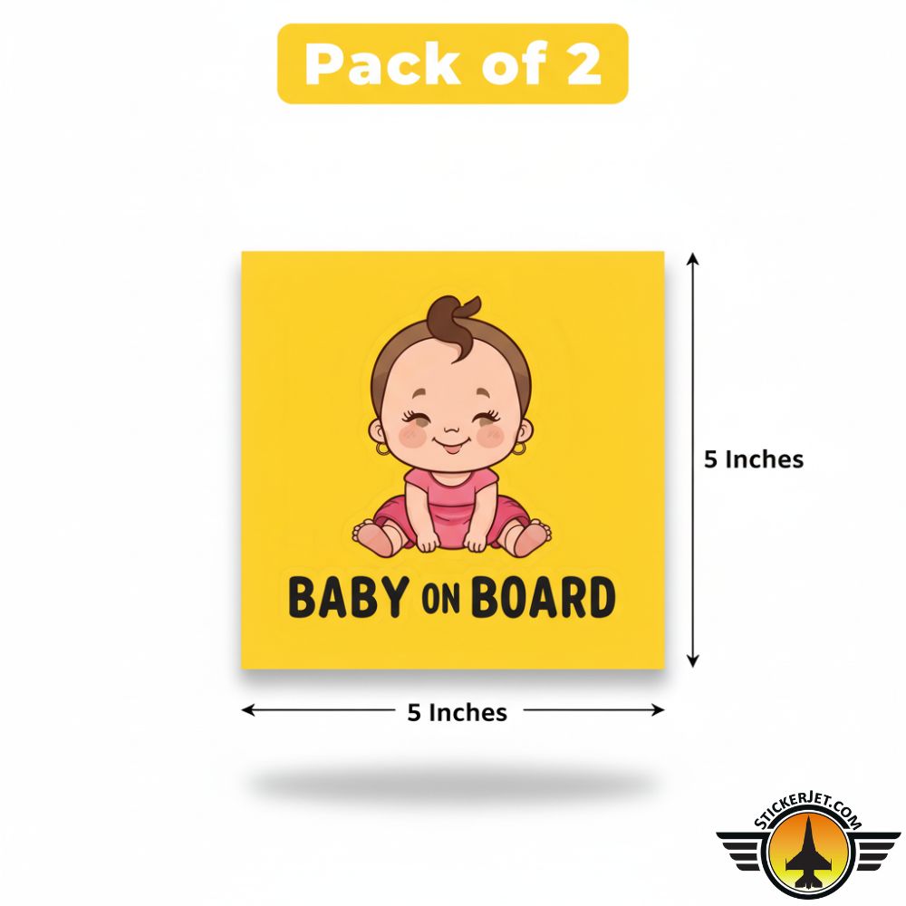 Pack of 2 Baby On Board Sticker – Cartoon Baby Girl Design with a cartoon baby illustration on a yellow background.