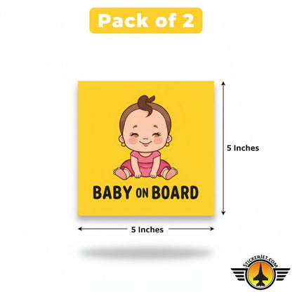Pack of 2 Baby On Board Sticker – Cartoon Baby Girl Design with a cartoon baby illustration on a yellow background.