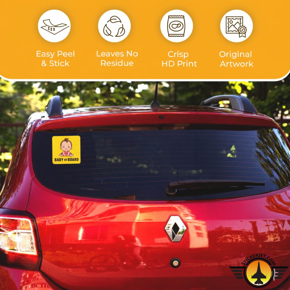 Car window with Baby On Board Sticker – Cartoon Baby Girl Design on a yellow background with product features.