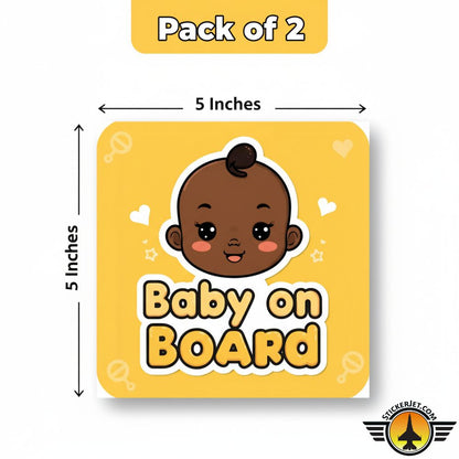 Yellow Baby On Board Sticker – Playful Baby Face Design
 with cartoon baby face and dimensions and pack of 2 on a white background