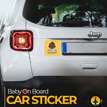 Back of a white Jeep with a Baby On Board Sticker – Playful Baby Face Design and text overlay.