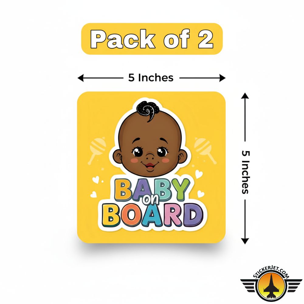Pack of 2 Baby On Board Sticker – Playful Rainbow Text Design with a child's face and text on a yellow background, dimensions indicated.