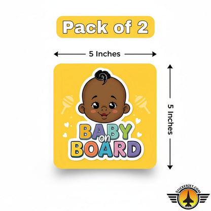 Pack of 2 Baby On Board Sticker – Playful Rainbow Text Design with a child's face and text on a yellow background, dimensions indicated.