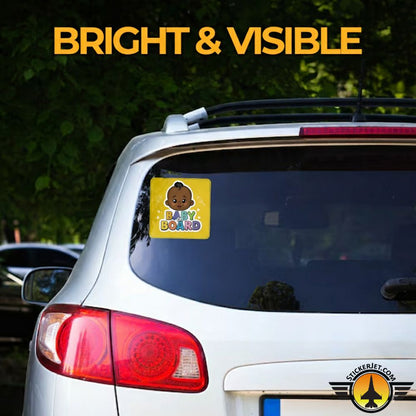 Car with a Baby On Board Sticker – Playful Rainbow Text Design on the rear window, with text 'BRIGHT & VISIBLE' above.