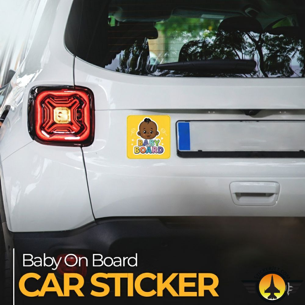 Car sticker with 'Baby On Board Sticker – Playful Rainbow Text Design on a white car's rear window