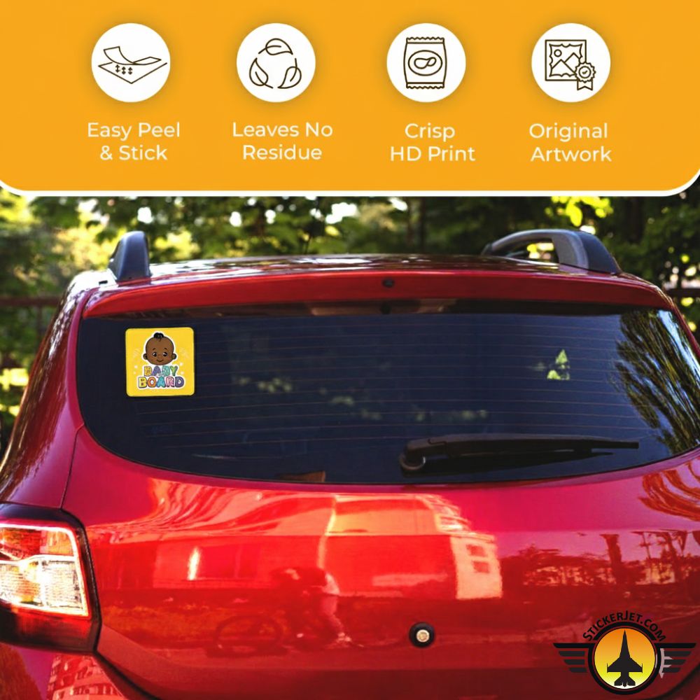 Car with a Baby On Board Sticker – Playful Rainbow Text Design on the rear window, featuring a yellow square with text and graphics.