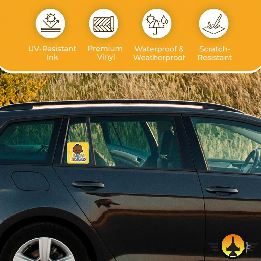 Car with a decal on the window, set against a natural background with text highlighting Baby On Board Sticker – Playful Rainbow Text Design features.