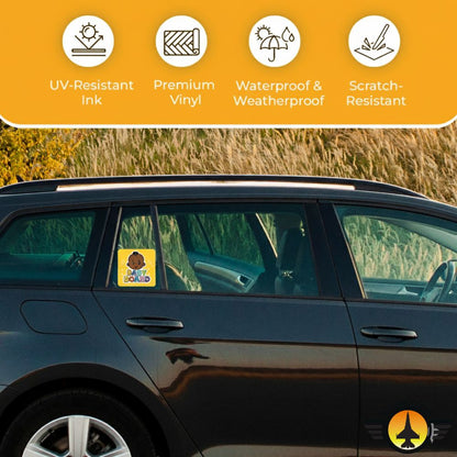Car with a decal on the window, set against a natural background with text highlighting Baby On Board Sticker – Playful Rainbow Text Design features.