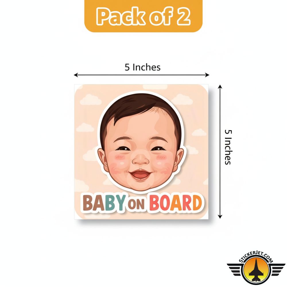 Baby On Board Sticker – Smiling Baby Face Design with dimensions and 'Pack of 2' text