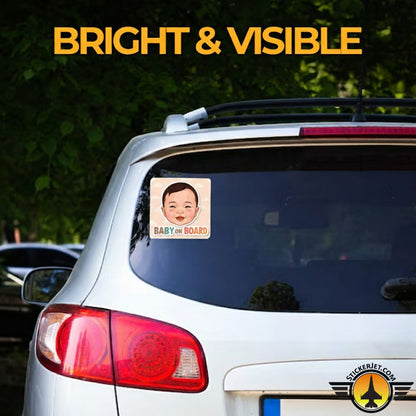 Car with a Baby On Board Sticker – Smiling Baby Face Design on the rear window, with text 'BRIGHT & VISIBLE' above.
