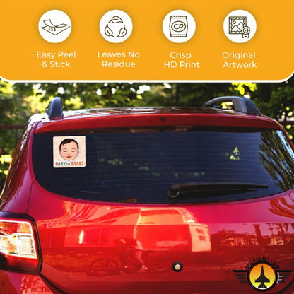 Car window with a Baby On Board Sticker – Smiling Baby Face Design
 on a yellow background with product features.