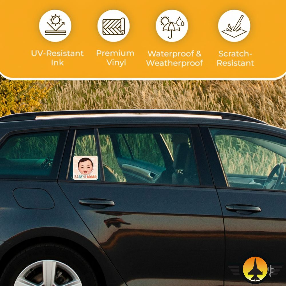 Car with a Baby On Board Sticker – Smiling Baby Face Design
 on the window, featuring UV-resistant ink, premium vinyl, waterproof & weatherproof, and scratch-resistant properties.