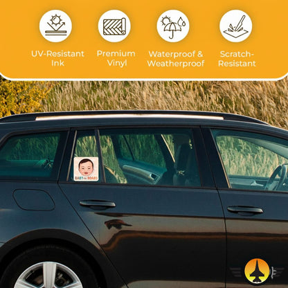Car with a Baby On Board Sticker – Smiling Baby Face Design
 on the window, featuring UV-resistant ink, premium vinyl, waterproof & weatherproof, and scratch-resistant properties.