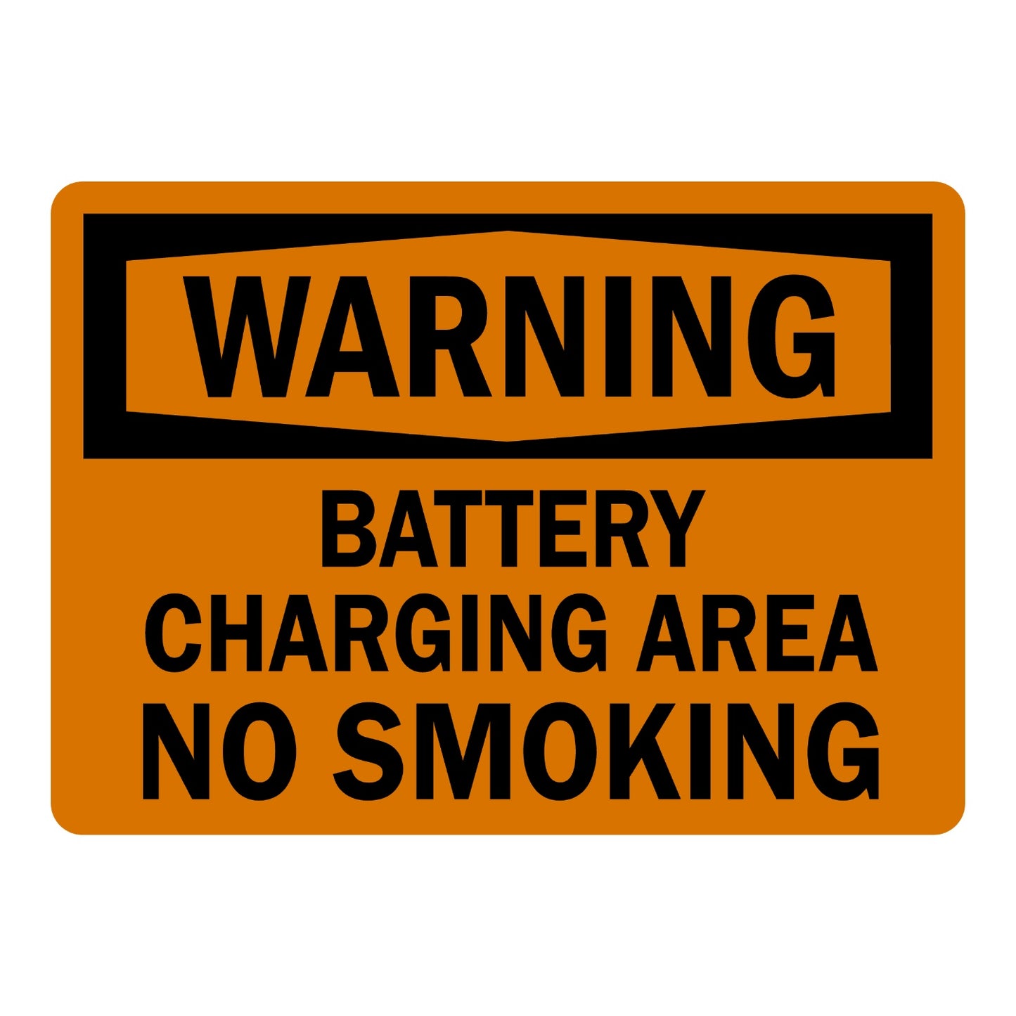 OSHA Warning: Battery Charging Area - No Smoking Sign Sticker with black WARNING header banner on orange background, marks battery charging zone and prohibits smoking.