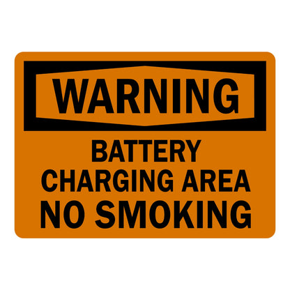 OSHA Warning: Battery Charging Area - No Smoking Sign Sticker with black WARNING header banner on orange background, marks battery charging zone and prohibits smoking.
