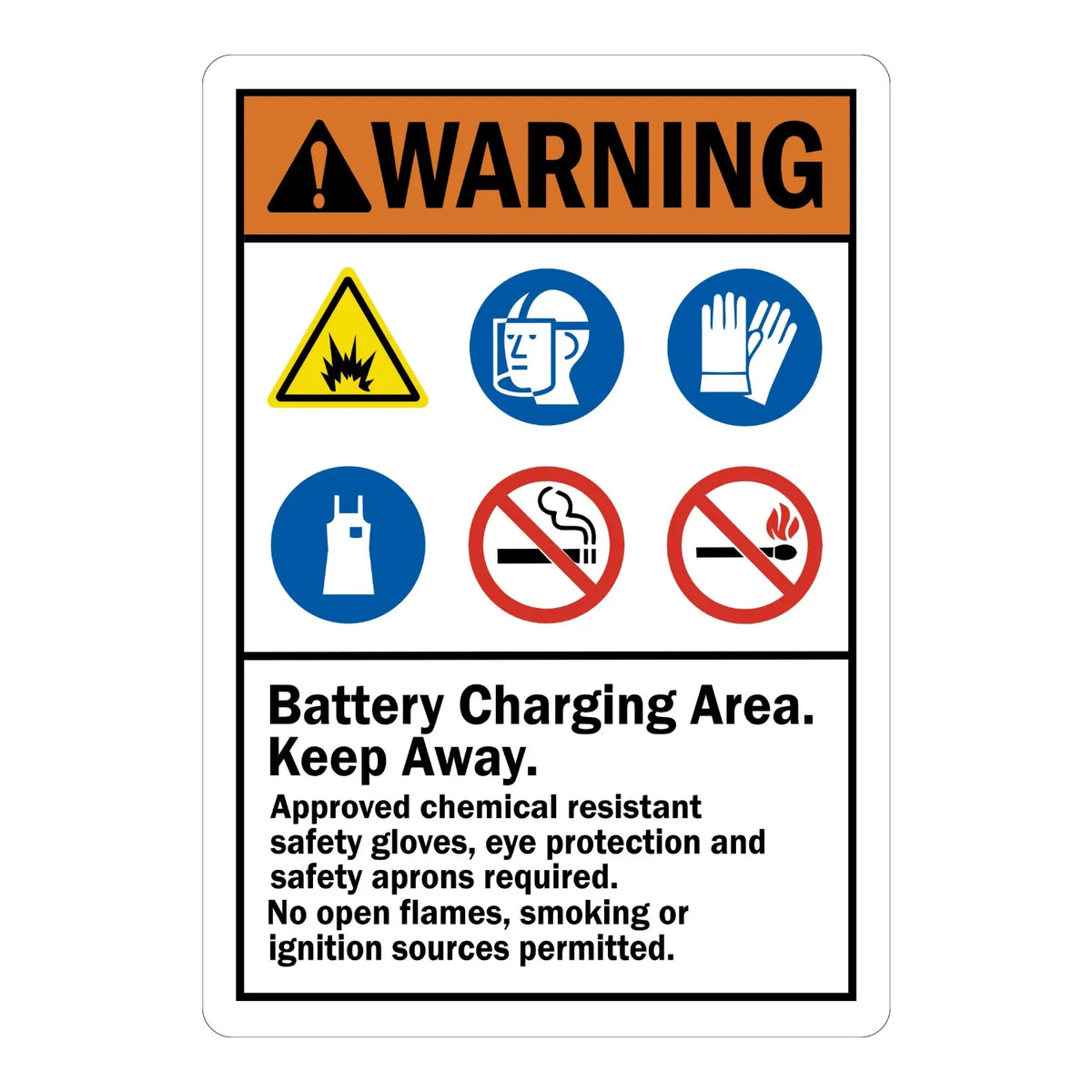 Warning: Battery Charging Area Keep Away, Chemical-Resistant Gloves and Eye Protection Required sign sticker with ANSI icons and bold black text on white.