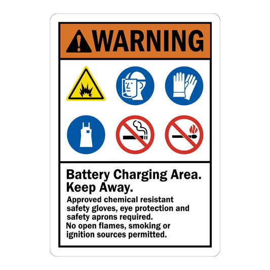 ANSI Warning: Battery Charging Area. Keep Away. Approved Chemical-Resistant Safety Gloves, Eye Protection Required.