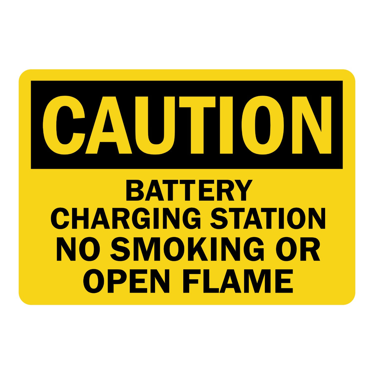 OSHA Caution Battery Charging Station No Smoking or Open Flame sign sticker with black header on a yellow background, a decal warning of battery fire hazards