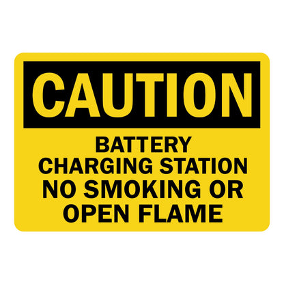 OSHA Caution Battery Charging Station No Smoking or Open Flame sign sticker with black header on a yellow background, a decal warning of battery fire hazards