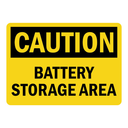 OSHA Caution: Battery Storage Area Sign Sticker with bold black header on yellow background and large black bold lettering below