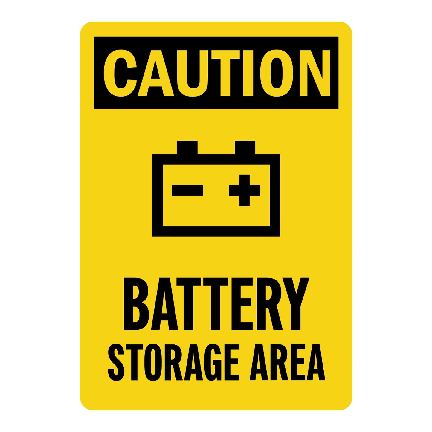 OSHA Caution: Battery Storage Area (With Battery Graphic) Sign Sticker with bold black header on yellow background, battery icon with positive and negative terminals, and large black bold lettering below