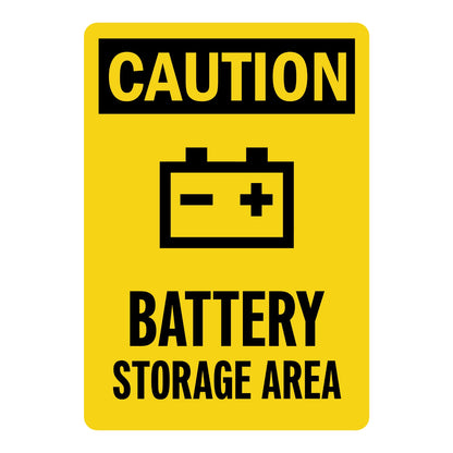OSHA Caution: Battery Storage Area (With Battery Graphic) Sign Sticker with bold black header on yellow background, battery icon with positive and negative terminals, and large black bold lettering below